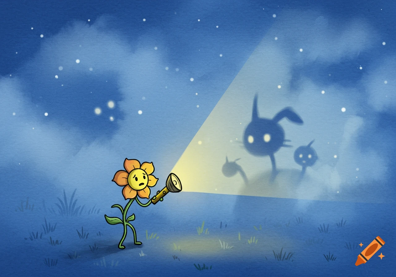 A scared cartoon flower with a flashlight shines on cute, shadowy figures in a whimsical night scene with a watercolor background.