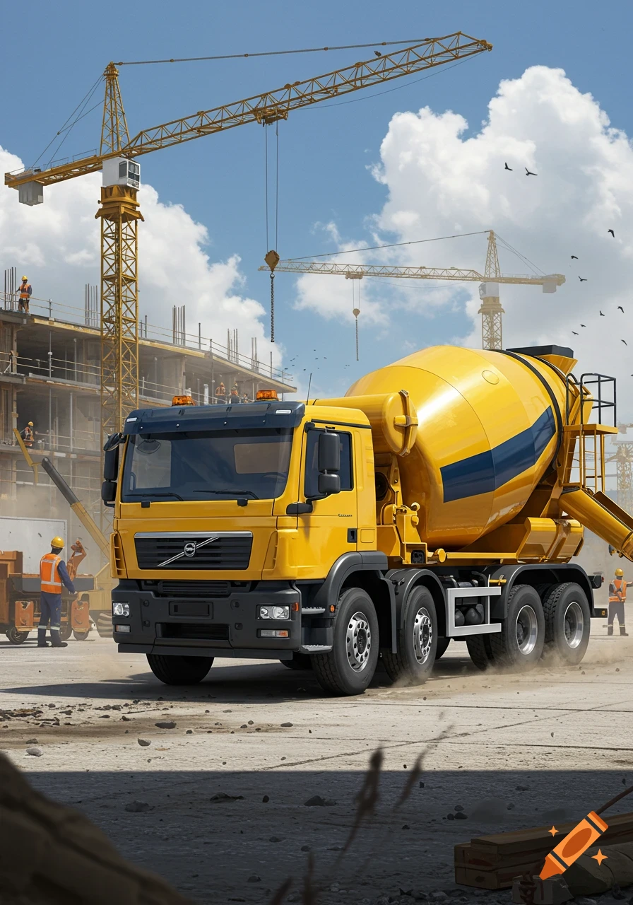 Photorealistic image of a yellow concrete mixer truck at a busy construction site with multiple cranes and workers under a blue sky.