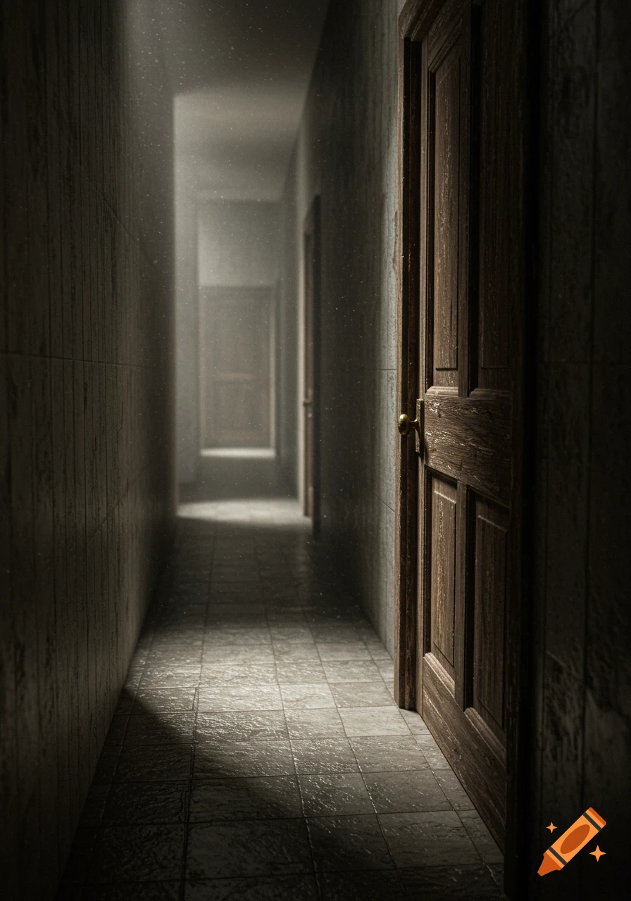 A long, dark, and dusty hallway with a slightly ajar wooden door on the right, light filtering from the far end.