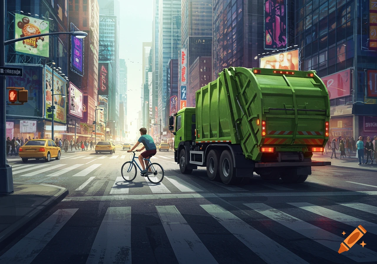 An illustration of a green garbage truck and a person on a bicycle on a busy city street with tall buildings and yellow taxis under a bright sky.