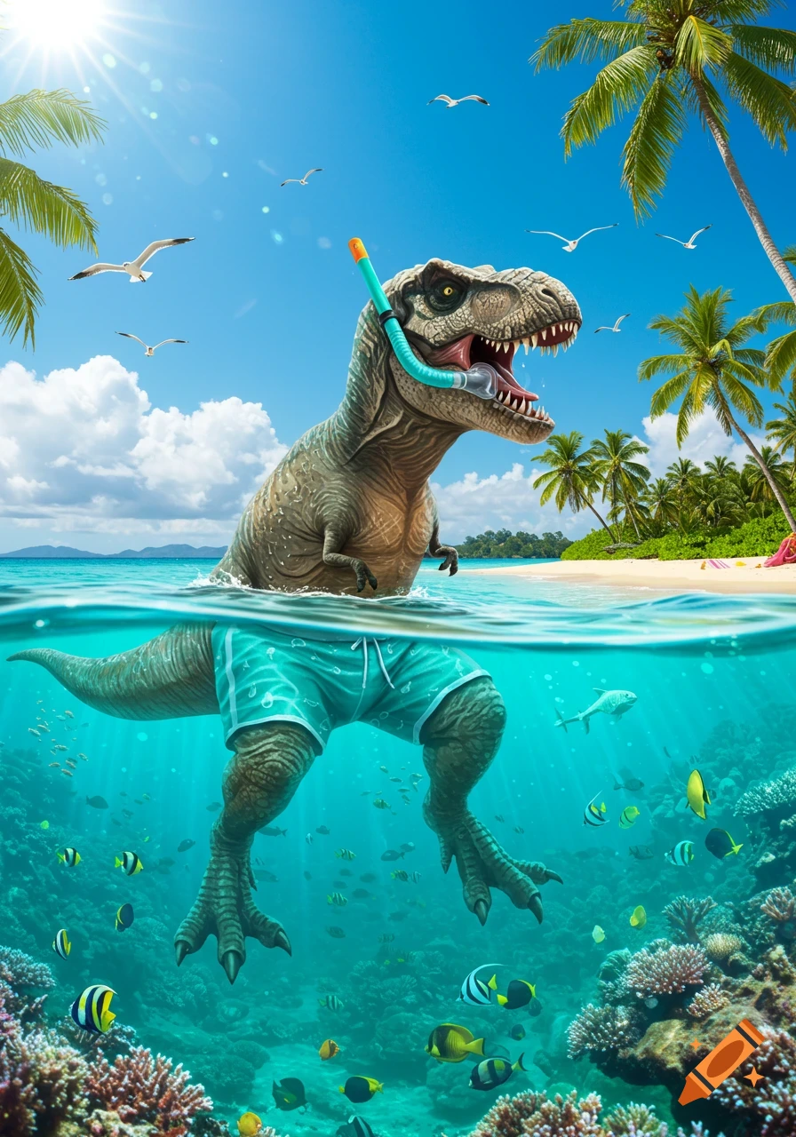 A T-Rex wearing swim shorts and a snorkel mask in a tropical ocean with coral and fish, a sunny beach and palm trees in the background.