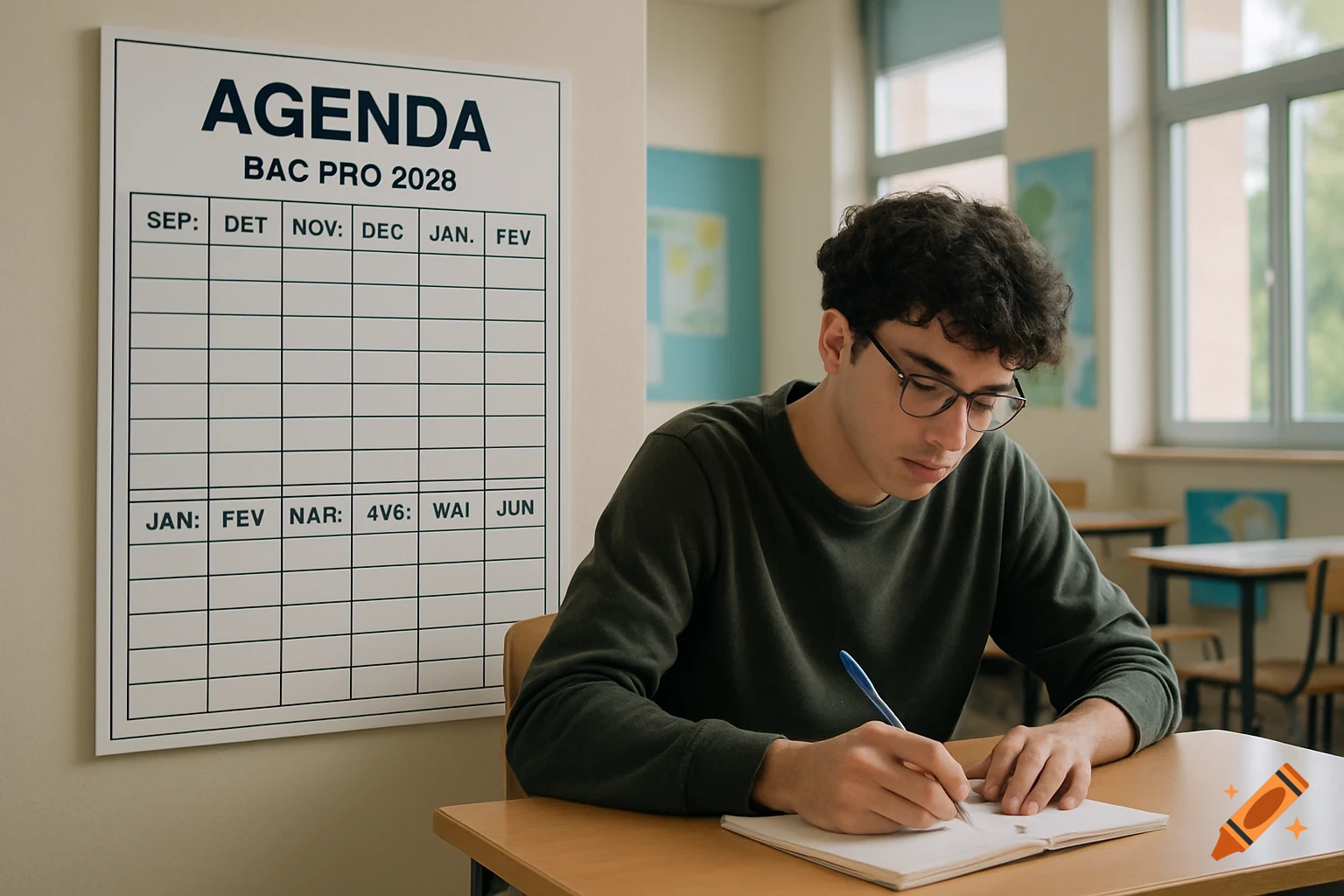 A male student with glasses writes in a notebook at a classroom desk, with an agenda poster on the wall.