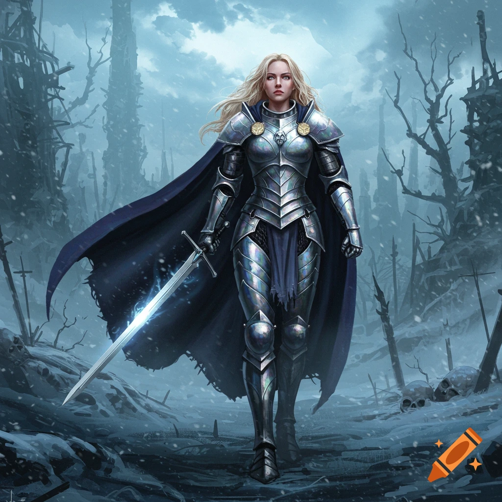 A blonde female warrior in shining armor with a glowing sword stands in a snowy, ruined fantasy landscape.