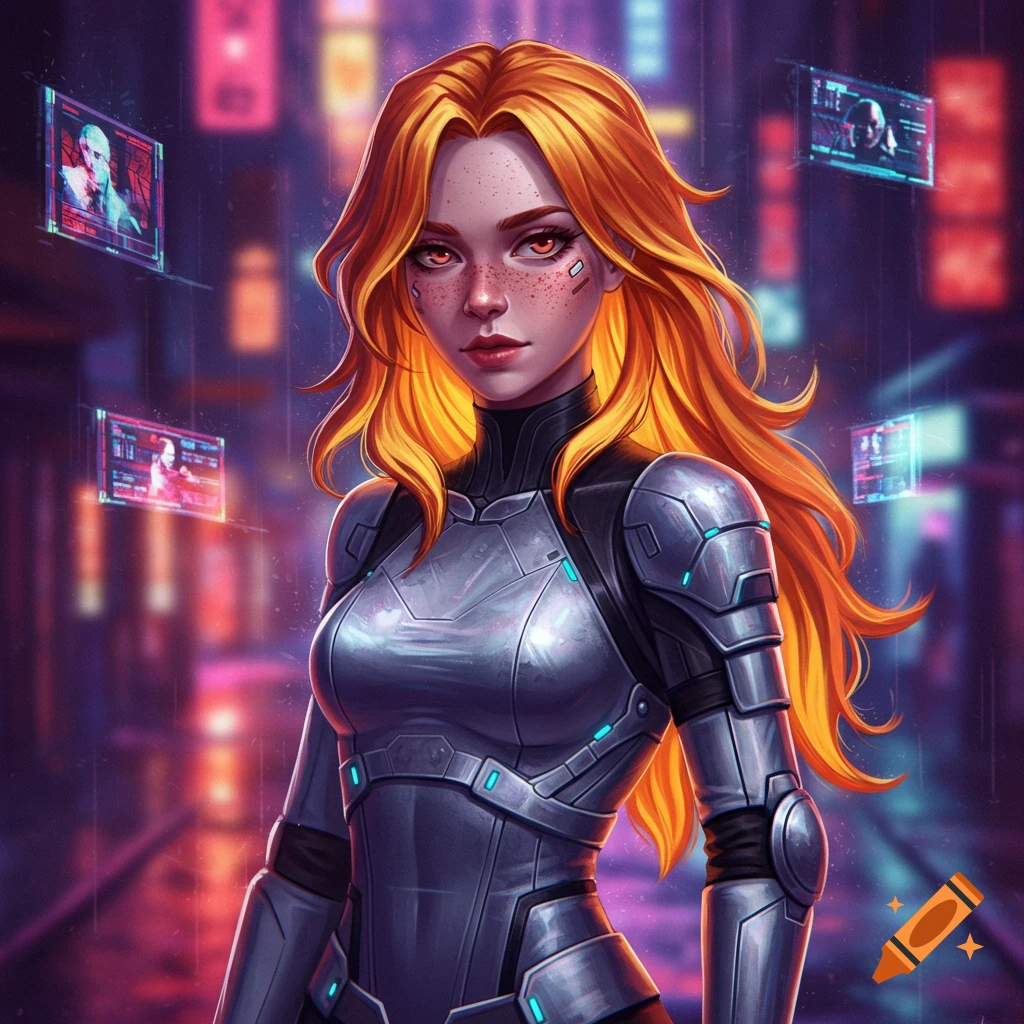 Stylized digital art of an orange-haired woman in silver futuristic armor, with holographic screens floating in a neon cyberpunk city background.