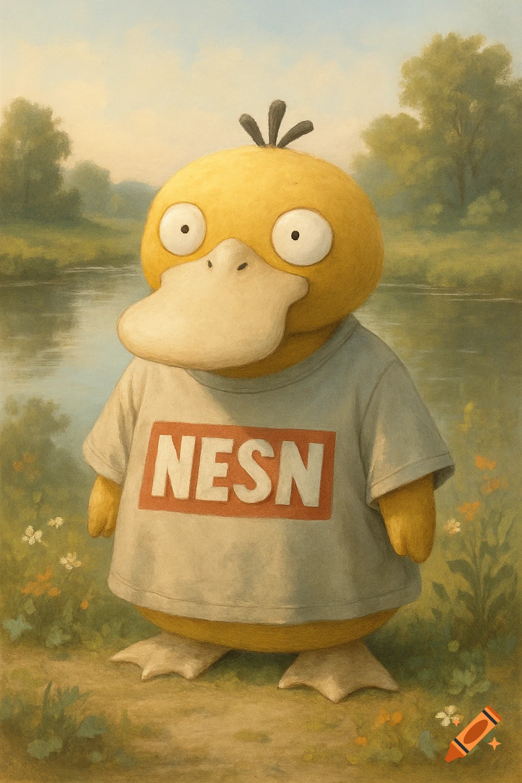 Psyduck wearing a 'NESN' t-shirt stands in a lush, painterly landscape by a river.