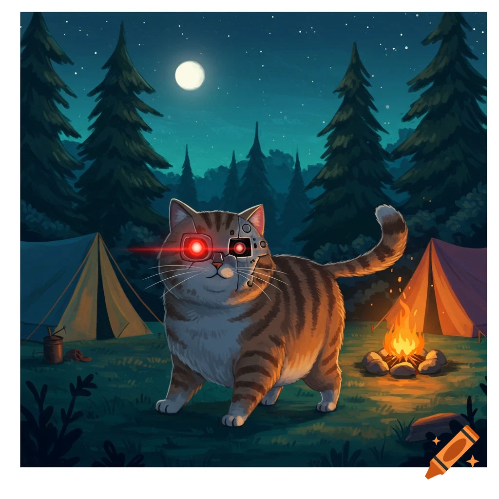 Illustrated fat tabby cat with a glowing red cyborg eye at a nighttime campsite with tents, trees, and a campfire.