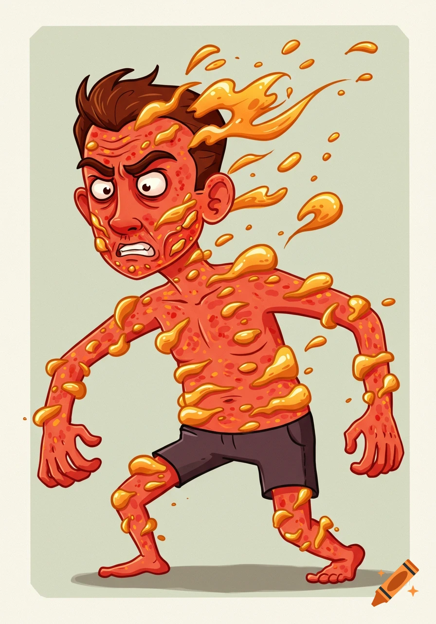 Cartoon man with red, inflamed skin and yellow reforming blobs, looking distressed.