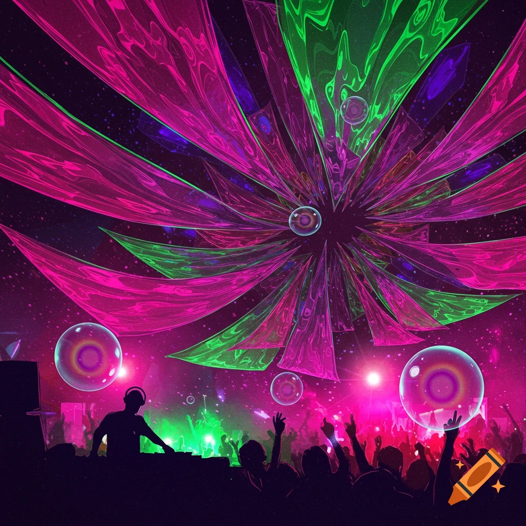 Silhouettes of a DJ and a dancing crowd at a vibrant, psychedelic rave with neon pink and green abstract lights.