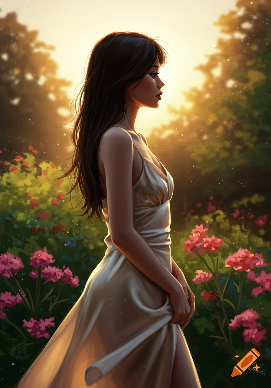 Digital art of a woman in a slip dress in profile, standing in a sunny garden with pink flowers.
