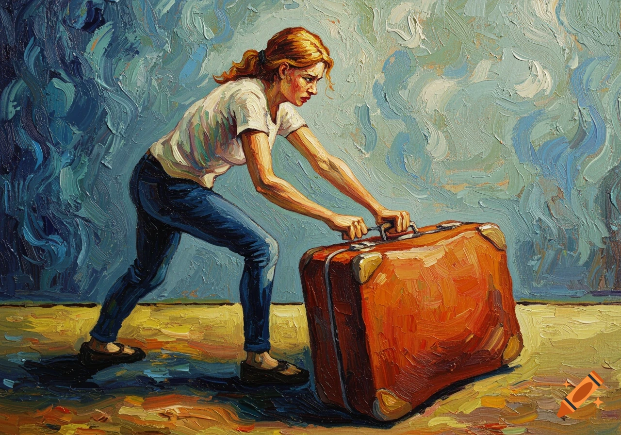 An impressionist painting in Van Gogh's style shows a woman in jeans struggling to close a large orange suitcase, with textured blue and yellow background.
