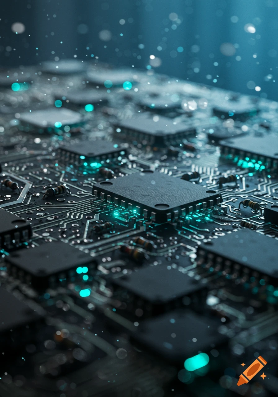 A detailed close-up of a circuit board with microchips, glowing blue-green lights, and a bokeh effect, representing technology.