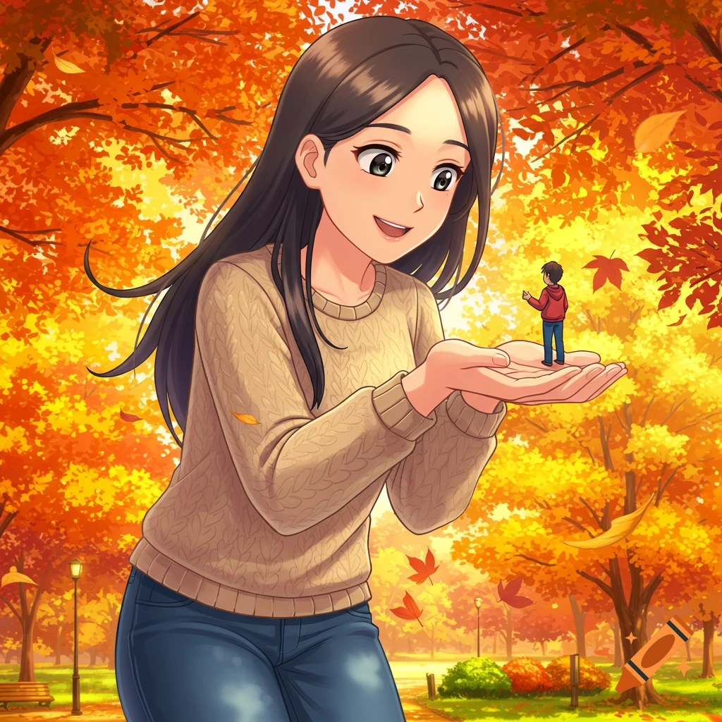 A giant anime woman gently holds a tiny man in her hand in a vibrant autumn park with orange trees, anime style.