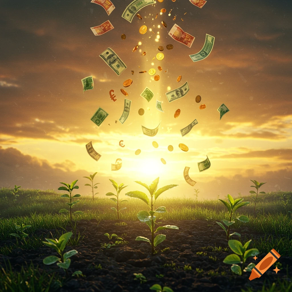 Golden light emits from a sunrise over a field of young green plants, as various currencies and coins fall from the sky.