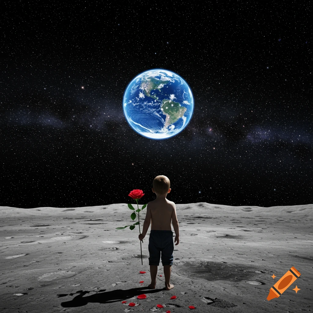 A young boy stands on the moon's surface, holding a red rose and looking up at a glowing Earth in the starry night sky.