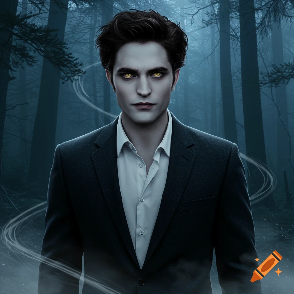 A pale-skinned man with dark hair and glowing yellow eyes, wearing a suit, stands in a misty, dark forest.