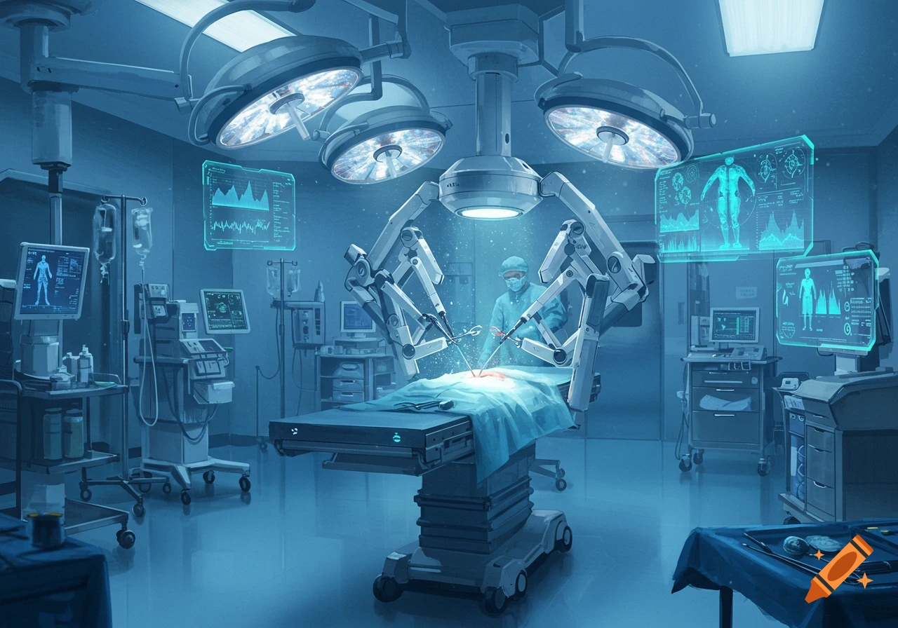 Futuristic operating room with a surgeon overseeing robotic arms performing surgery, surrounded by glowing blue monitors displaying data.