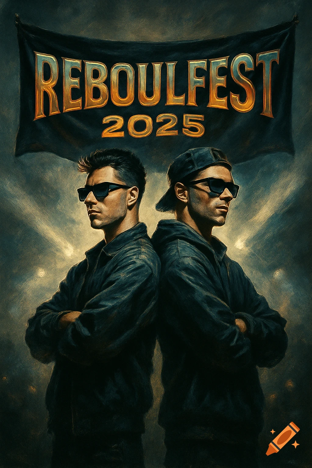 Two men in sunglasses stand back to back under a banner reading 'REBOULFEST 2025', in a gritty, stylized art style.