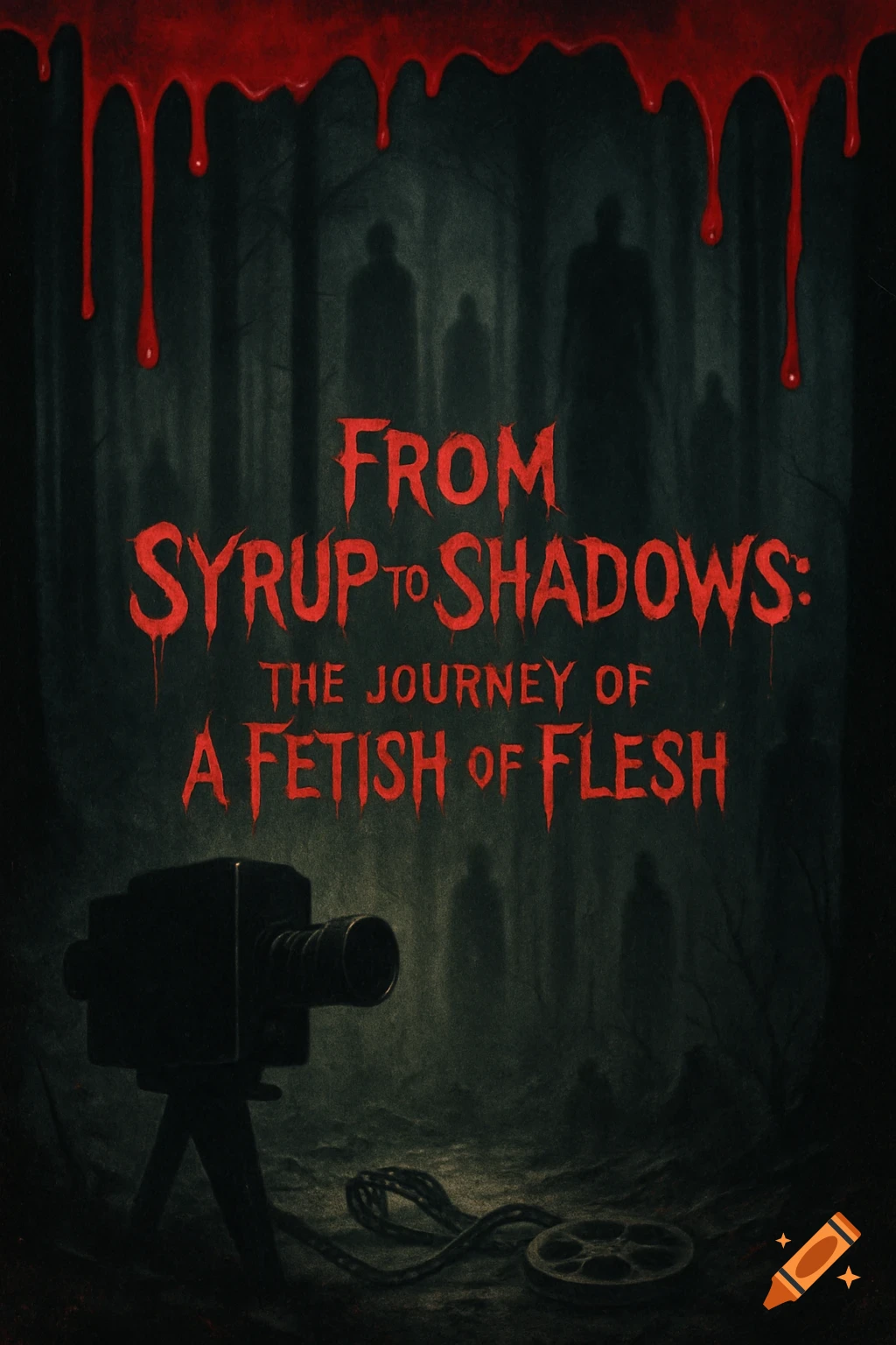 A horror movie poster with dripping red syrup at the top, ghostly figures in a dark forest, and a vintage film camera at the bottom, titled "From Syrup to Shadows: The Journey of A Fetish of Flesh" in blood-red text.