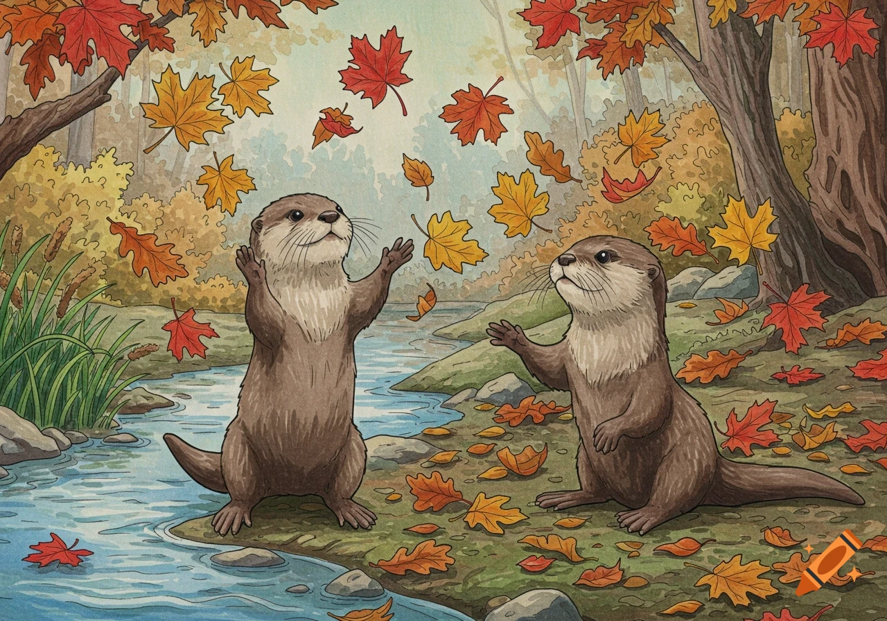 Two cute otters stand by a river in an autumn forest, playing with falling red and yellow leaves in a watercolor illustration.