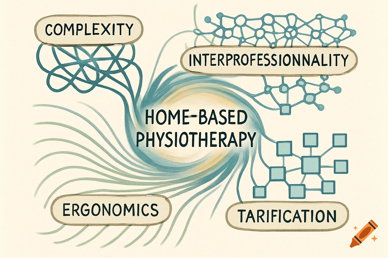 A stylized mind map titled "HOME-BASED PHYSIOTHERAPY" at the center, with branches leading to "COMPLEXITY", "INTERPROFESSIONNALITY", "ERGONOMICS", and "TARIFICATION", each with abstract visual representations.