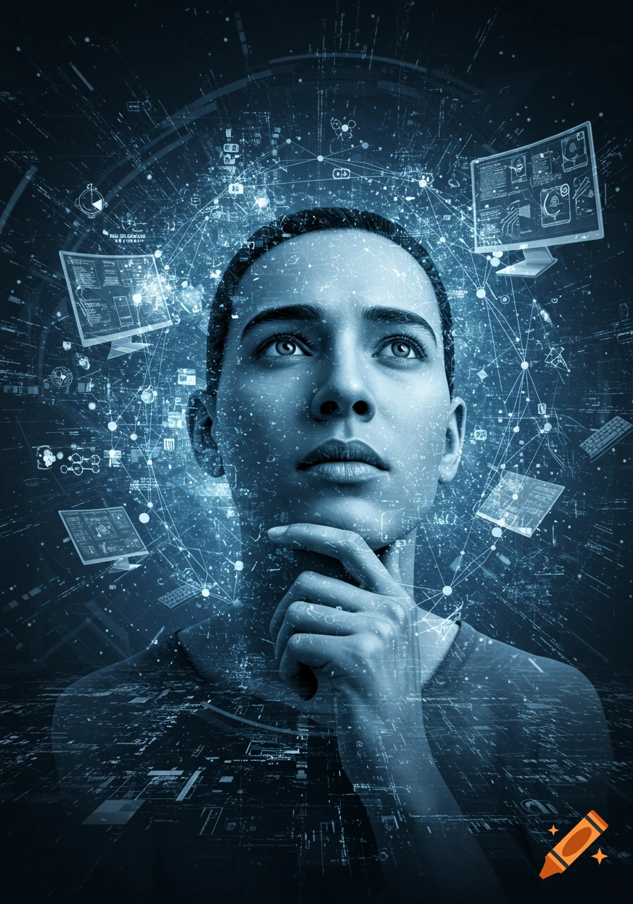 A thoughtful person surrounded by glowing digital networks and floating screens in a dark, futuristic blue-toned image.