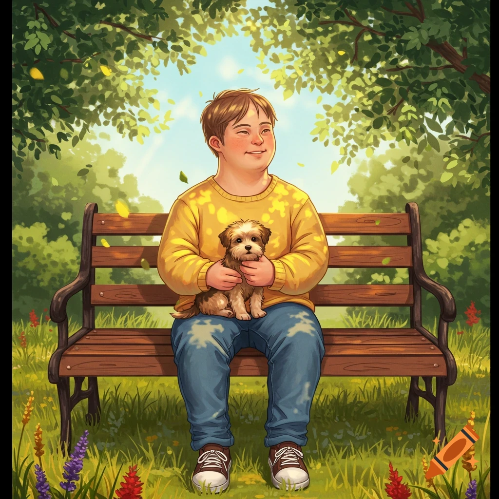 An illustration of a smiling person with Down syndrome sitting on a park bench, holding a small brown and white puppy. Green trees and a blue sky are in the background.