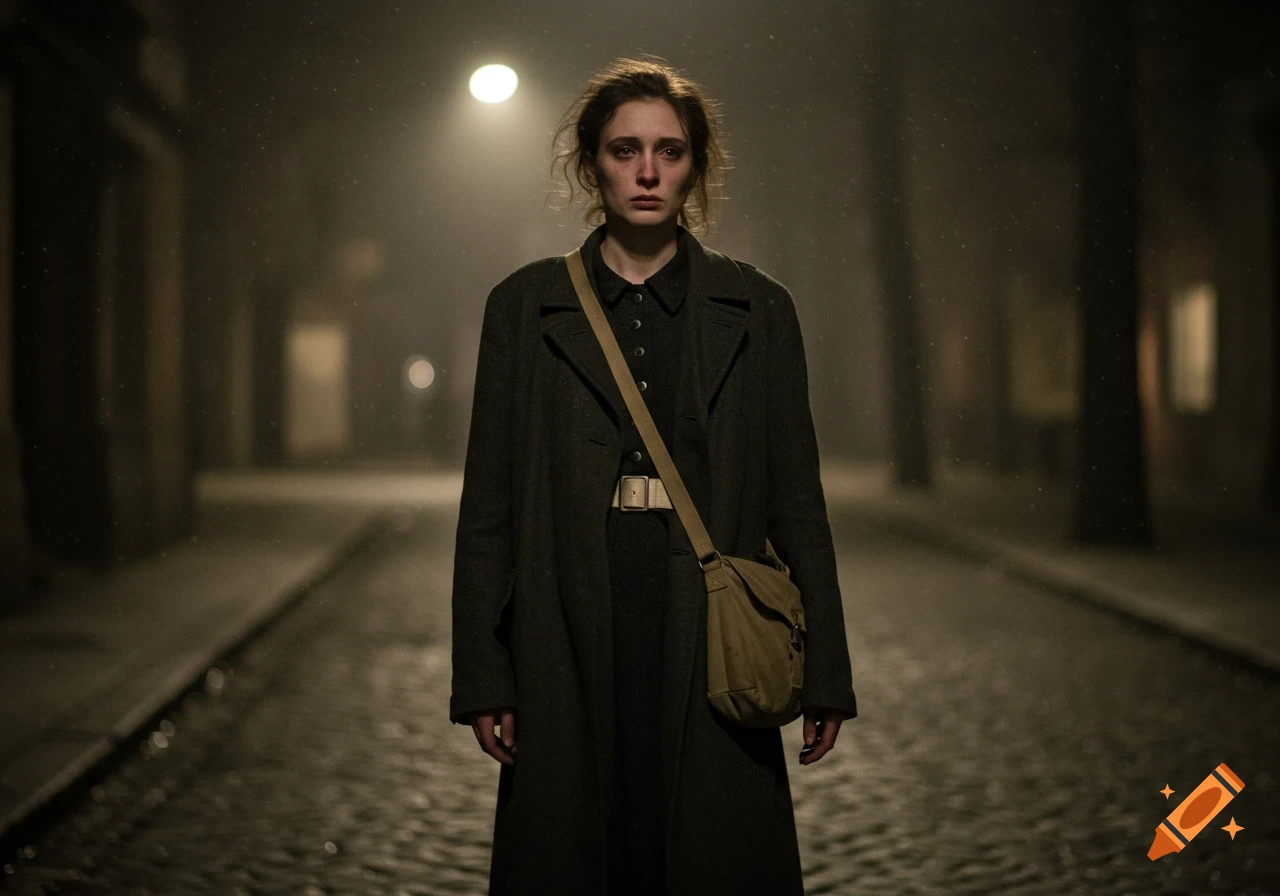 A sorrowful young woman in a coat stands on a dim, wet street at night in a cinematic historical style.
