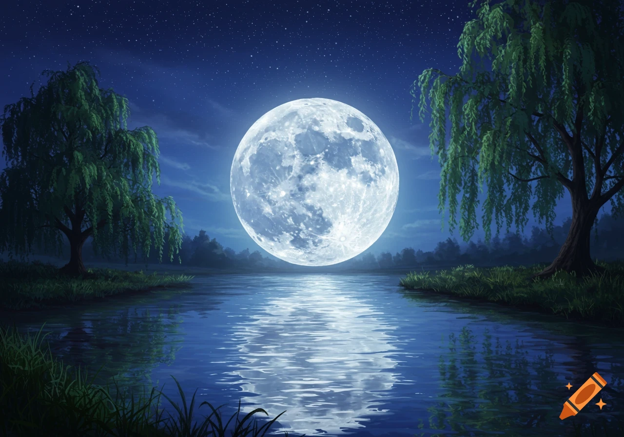 A large, luminous full moon reflects on a calm lake, flanked by two weeping willow trees under a starry night sky.