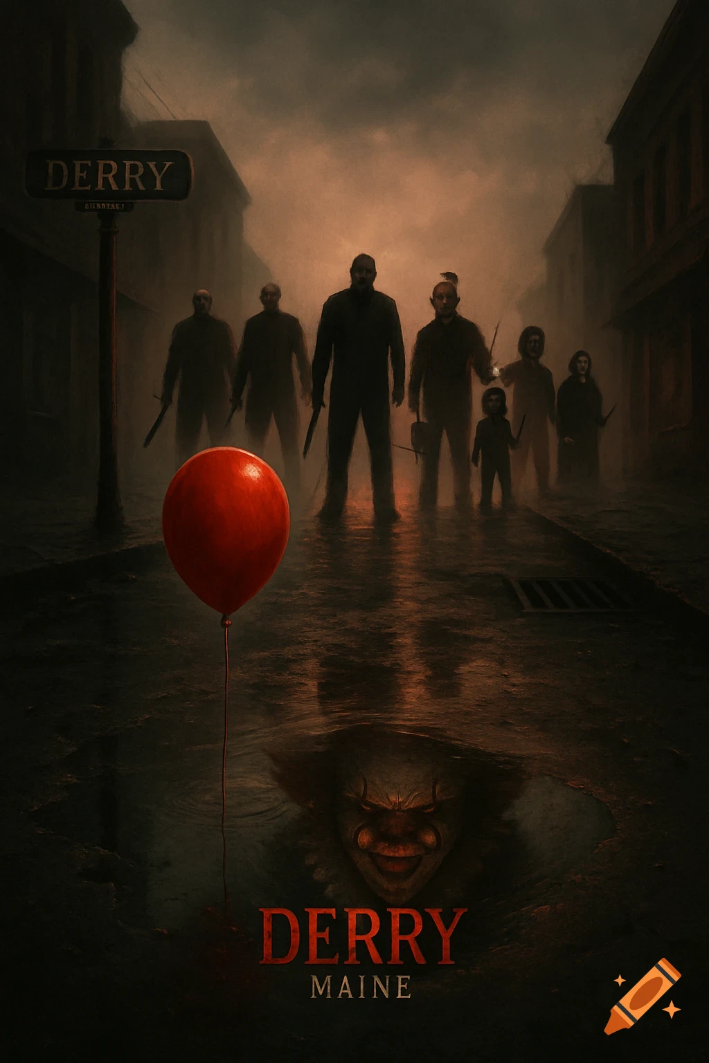 A dark, moody movie poster featuring a red balloon over a puddle reflecting Pennywise's face. Silhouettes of horror villains like Jason and Freddy stand in a misty street with a "Derry" sign.