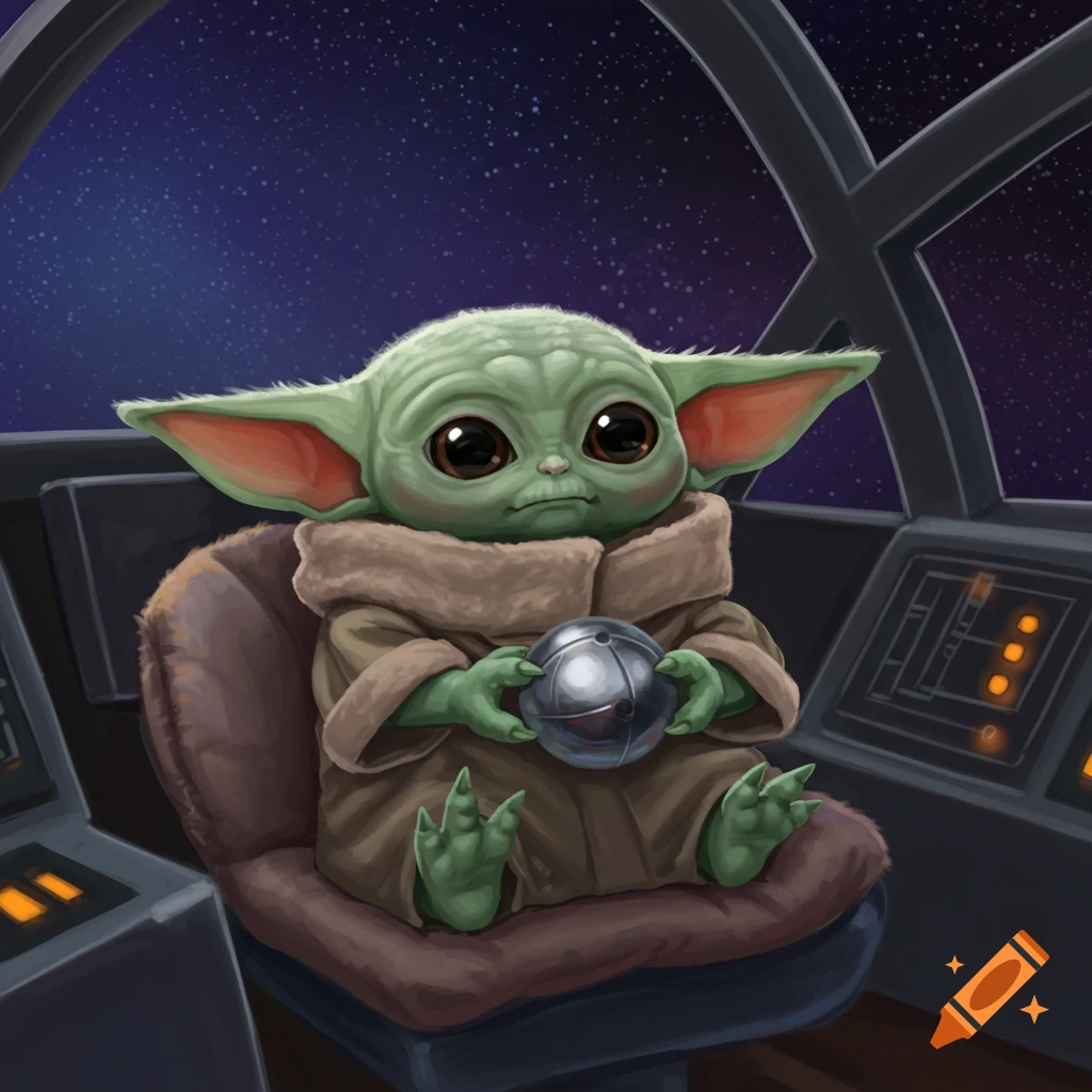 Cartoon Grogu sits in a spaceship cockpit, holding a metallic sphere, with stars visible outside.