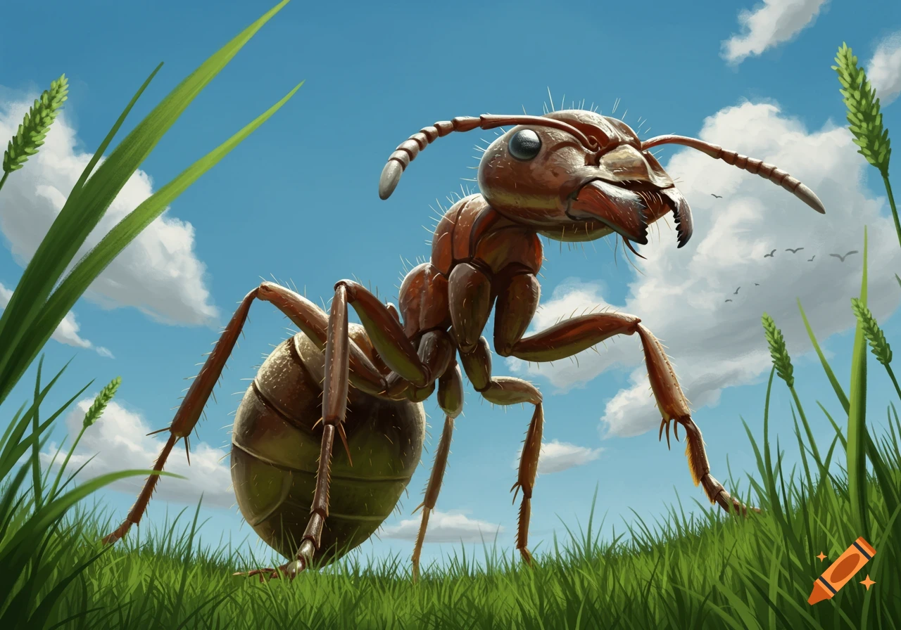 A giant ant viewed from a low angle, standing in green grass against a blue sky with white clouds.