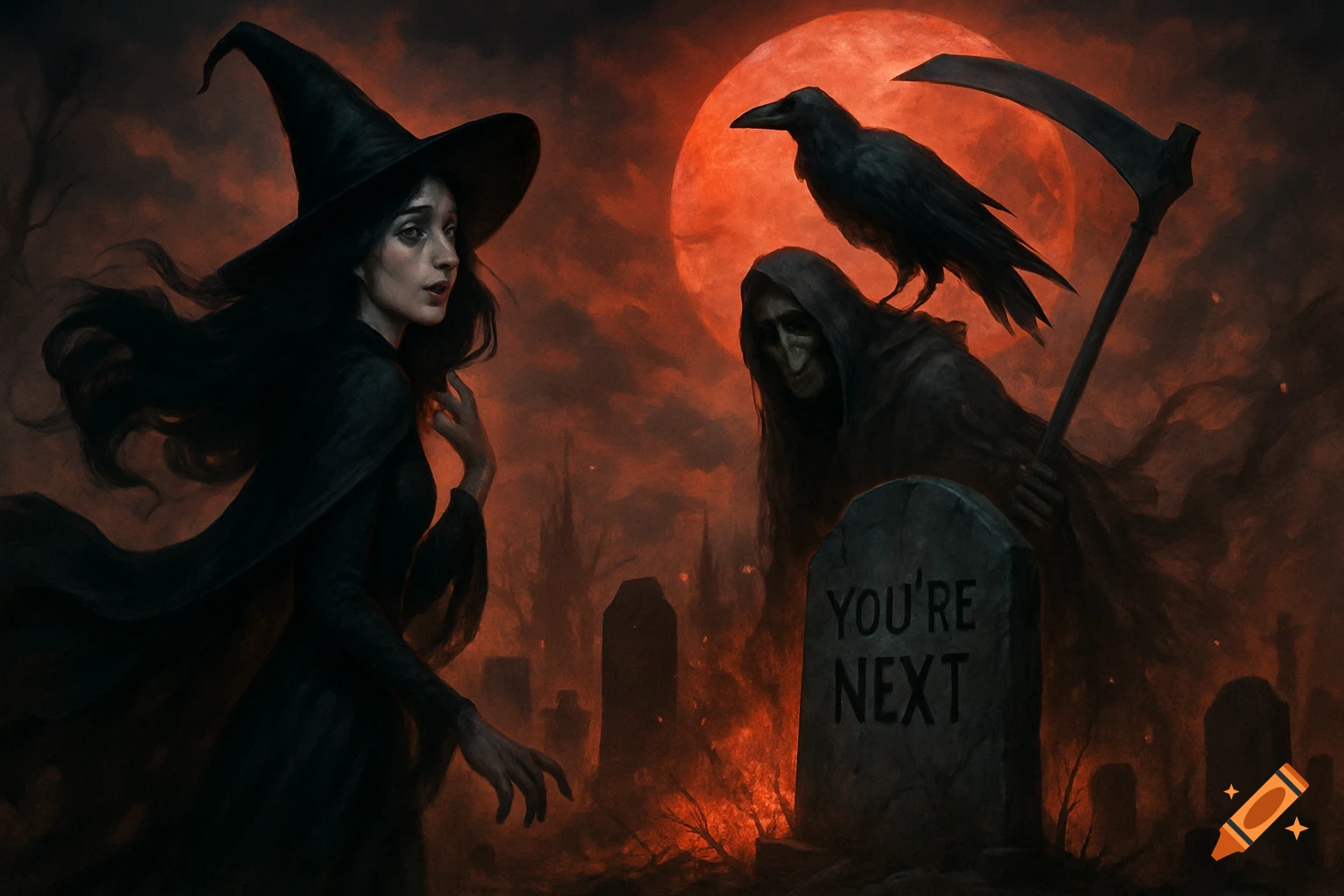 A frightened witch in a tall hat looks towards a grim reaper holding a scythe, standing beside a tombstone reading "YOU'RE NEXT". A raven sits on the scythe, under a large blood moon with bonfires burning in the background.