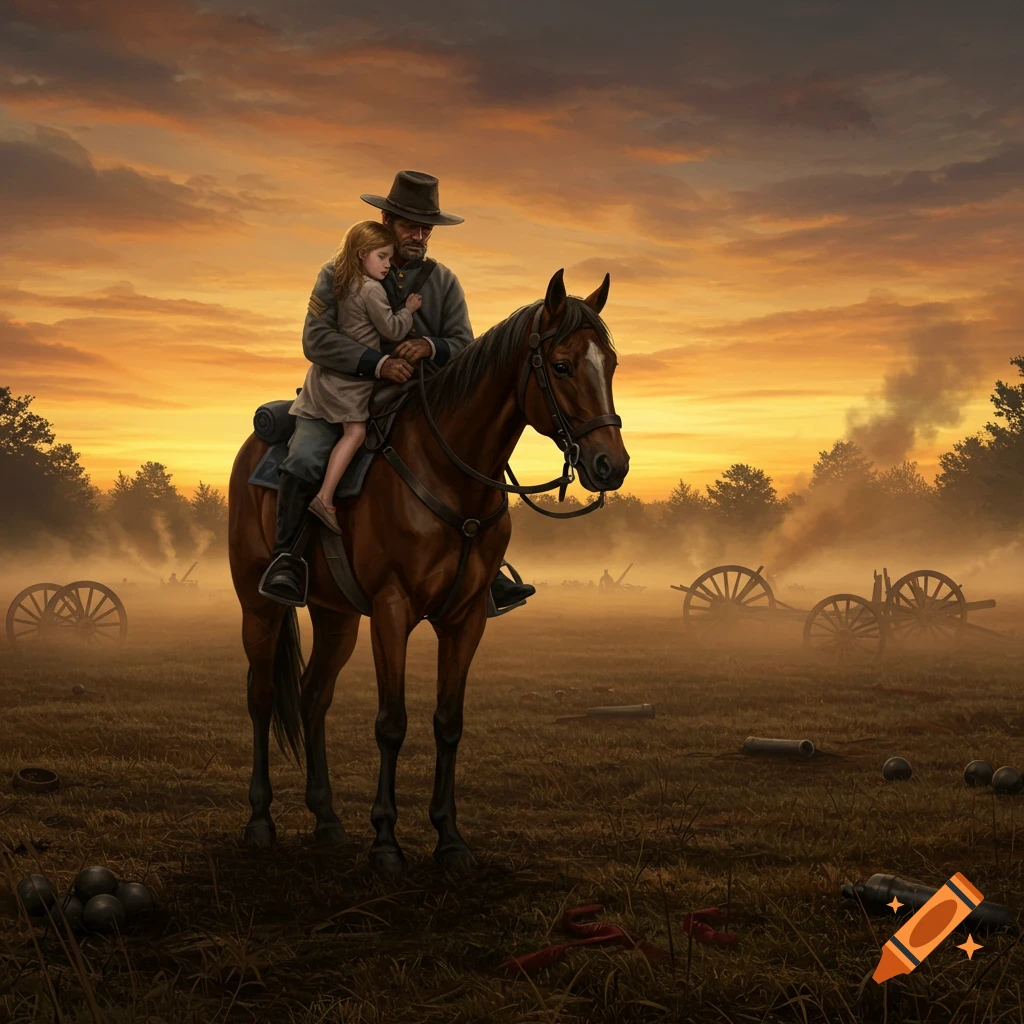 A Civil War soldier on horseback holds a young girl, riding through a foggy battlefield with cannons at sunset.