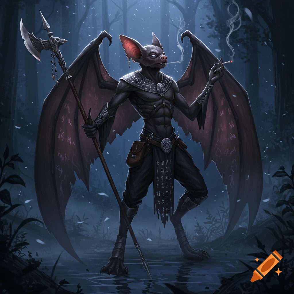 Fantasy art of a dark bat-human hybrid creature, holding a polearm and smoking a cigarette in a moonlit forest.