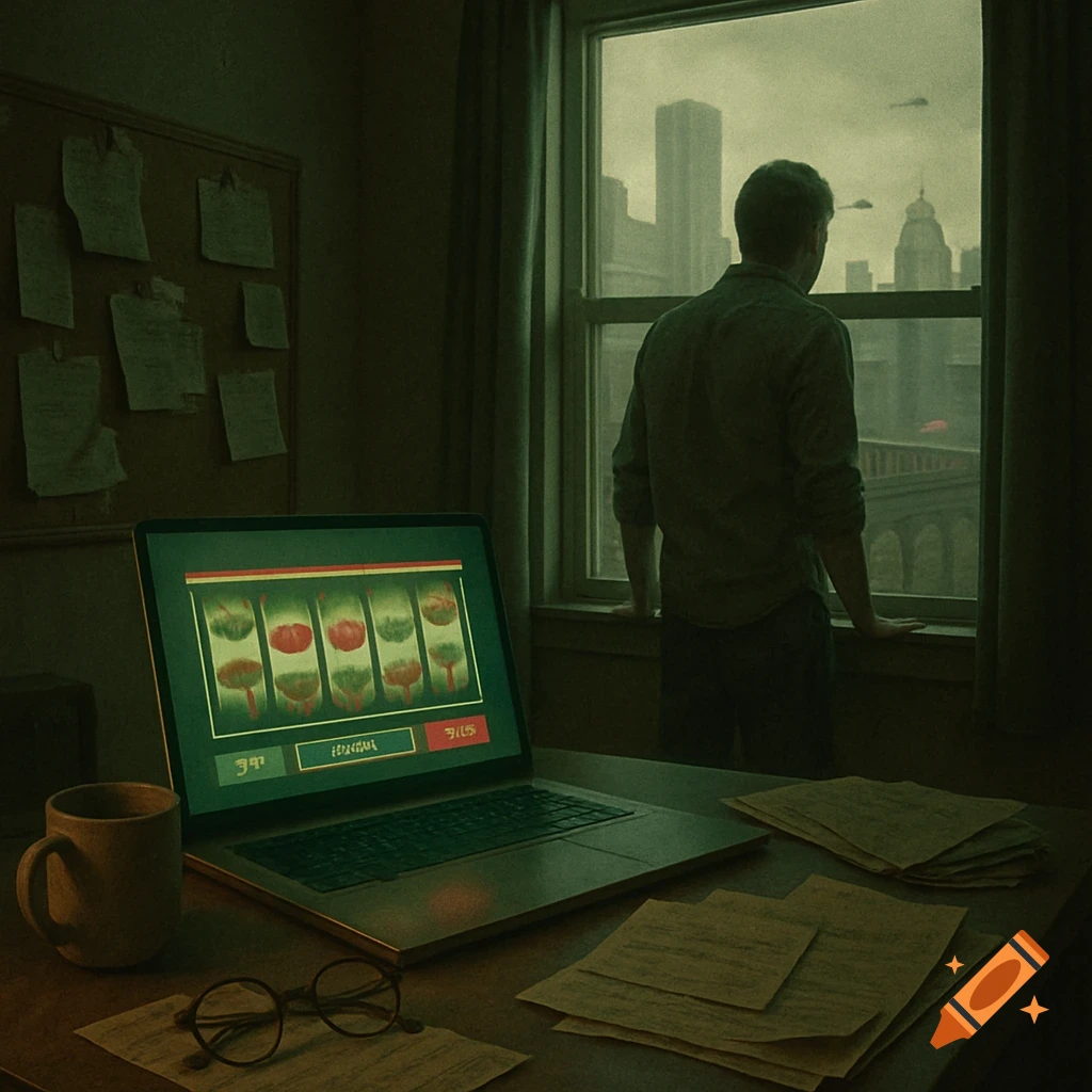 A man looks out a window at a dark cityscape while a laptop displaying a generic gambling site sits on a desk in the foreground.