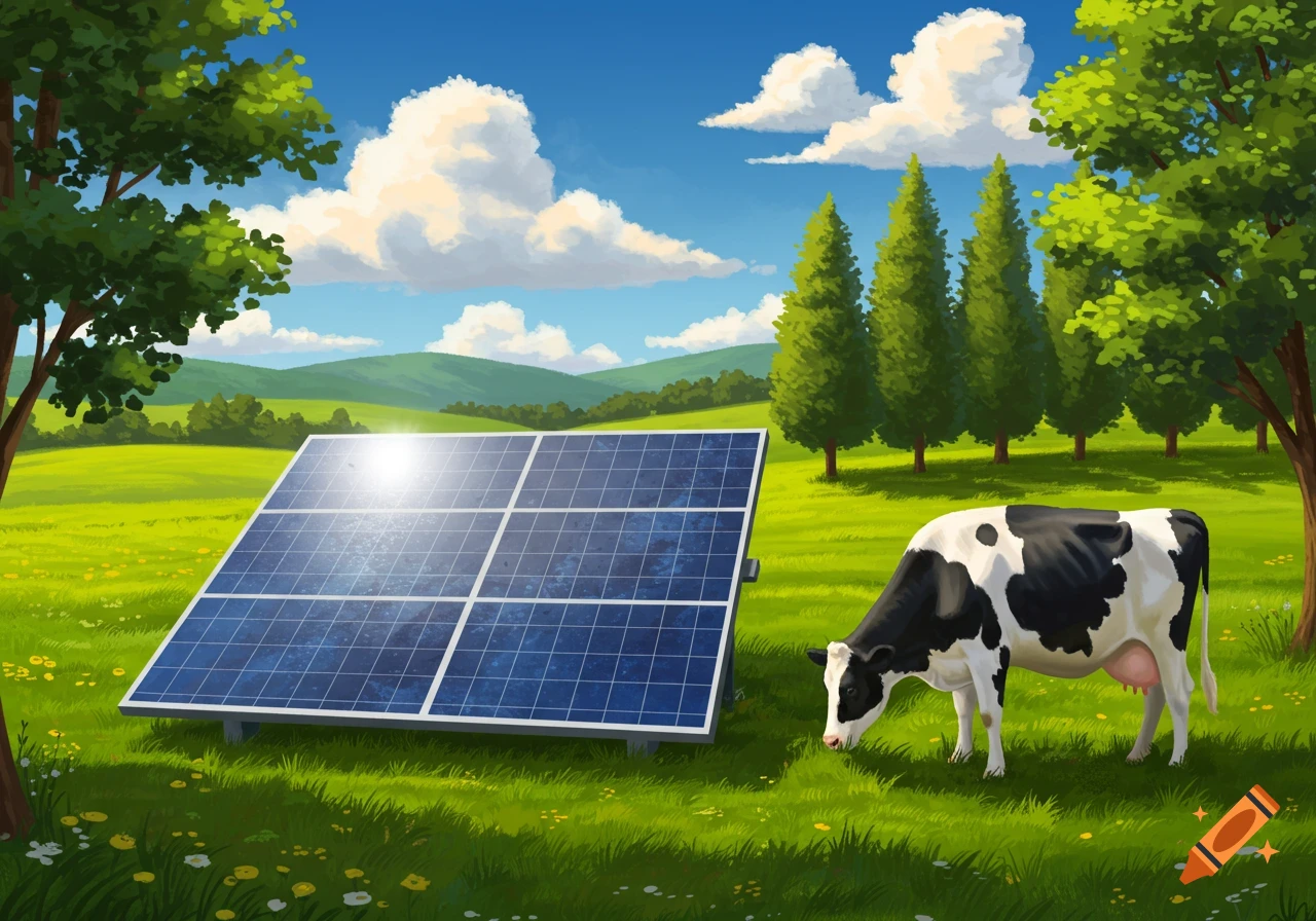 A cartoon cow grazes in a green field next to a solar panel, with trees and a blue sky in the background.