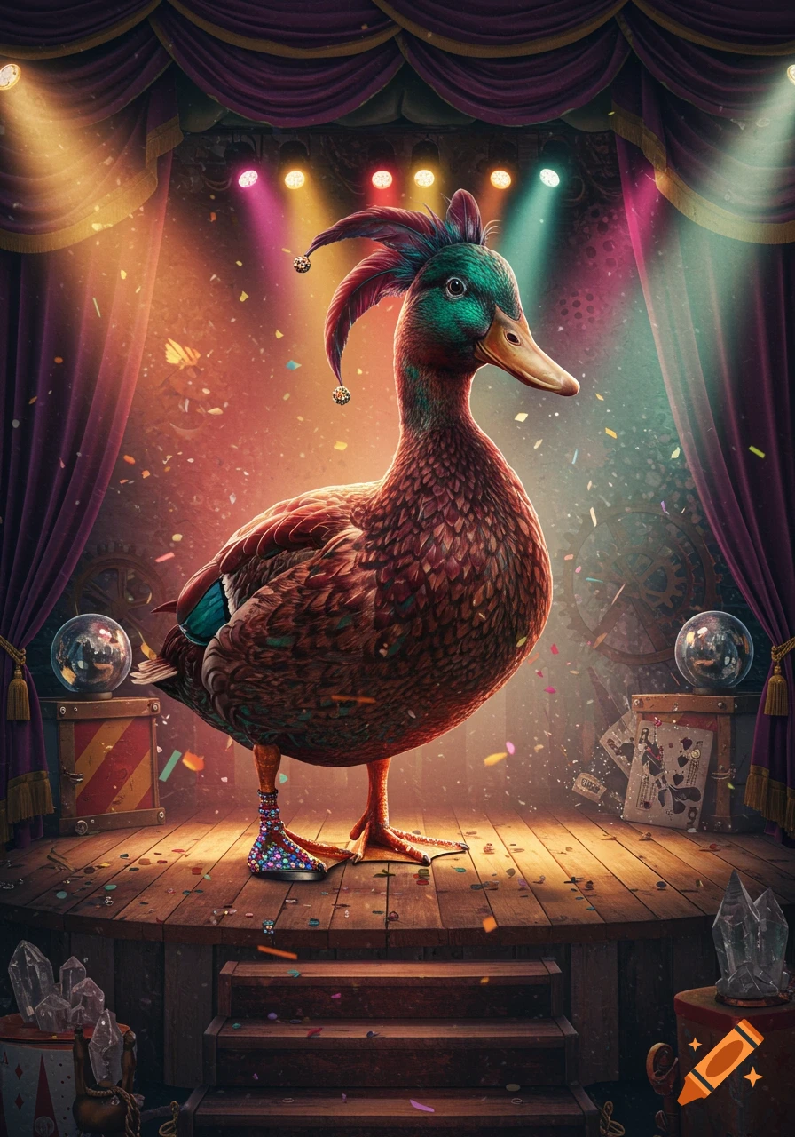 A flamboyant duck with a jester's plume and a sparkling shoe stands on a confetti-strewn stage under colorful spotlights.