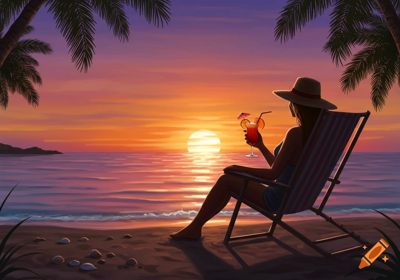A woman in a hat sits on a beach chair, holding a cocktail and watching a vibrant sunset over the ocean with palm trees. Digital art.