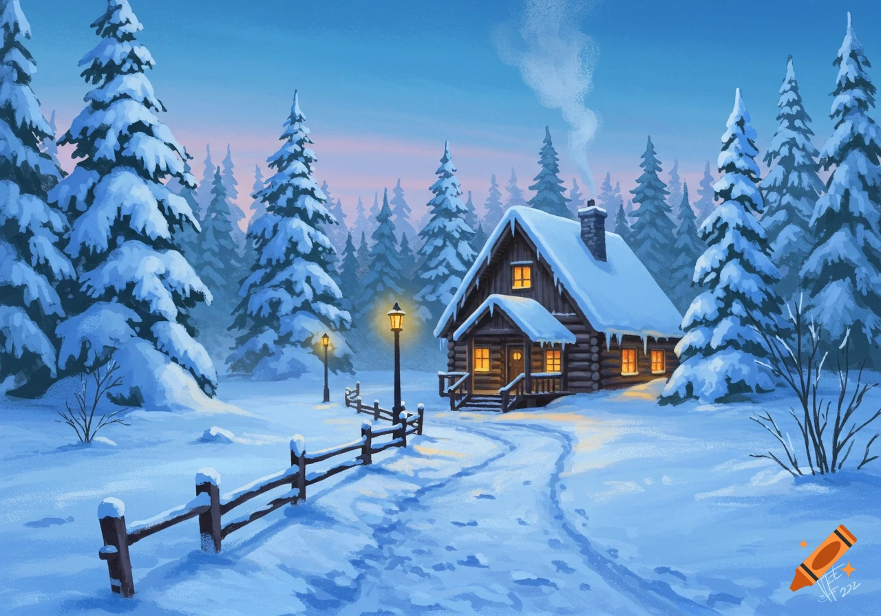A cozy snow-covered cabin nestled in a serene winter forest with a winding path and lampposts, in a painting style.