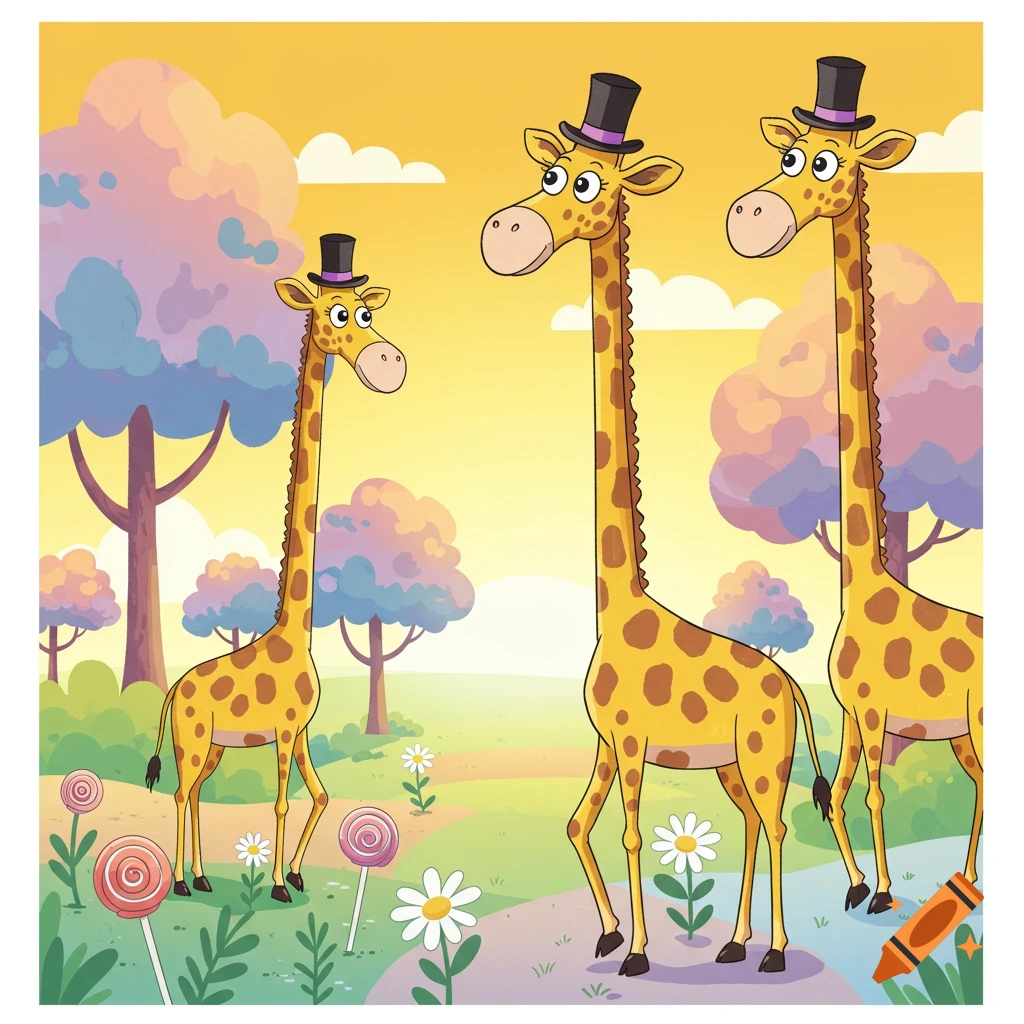 Three cartoon giraffes wearing top hats stand in a whimsical, colorful landscape with lollipops, flowers, and trees.