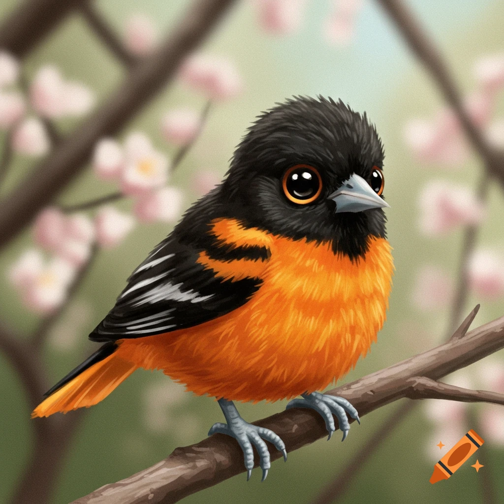 A cute, fluffy Baltimore oriole bird with big eyes perches on a branch, with soft pink flowers in the background. Stylized illustration.