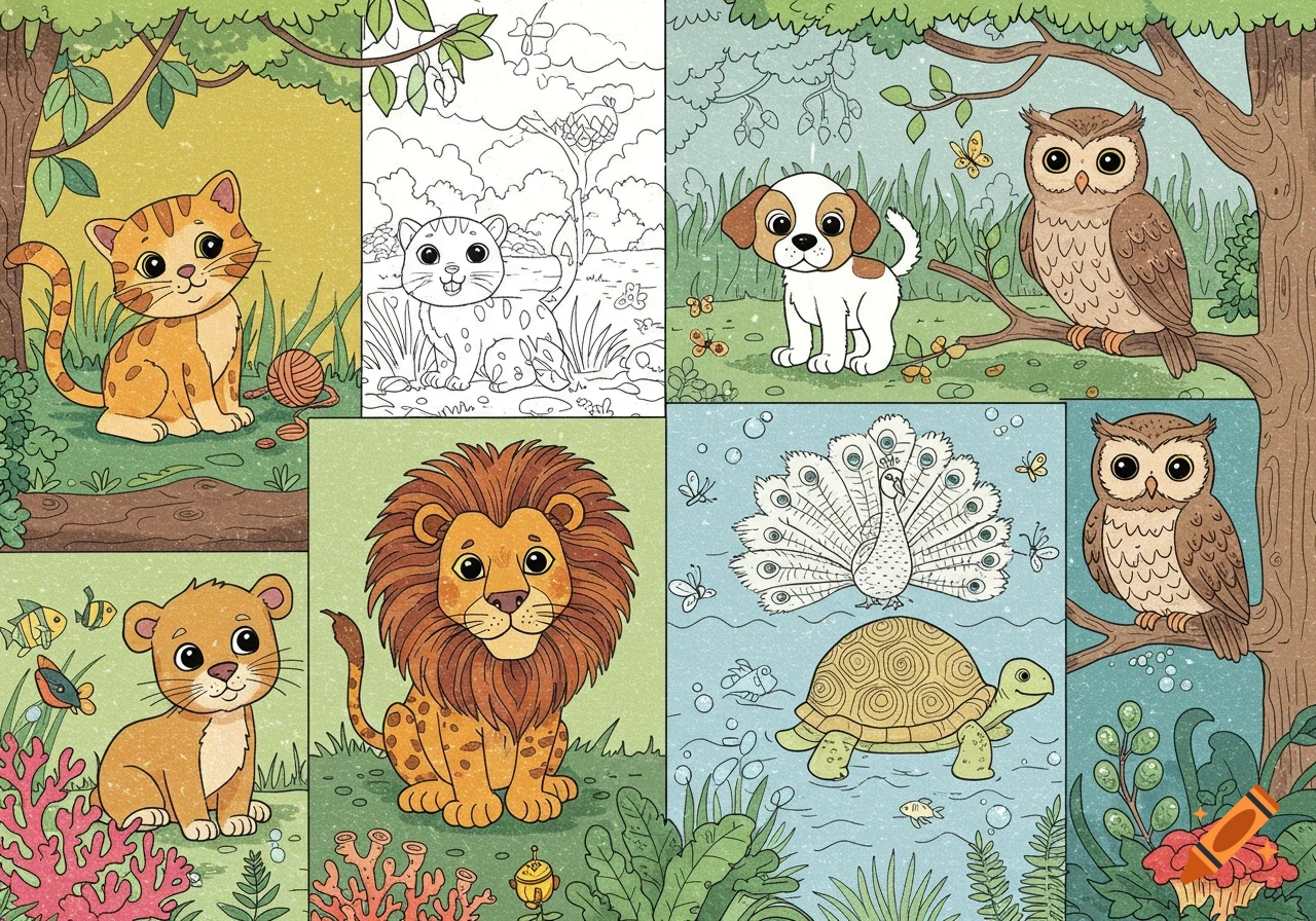 A collage of cartoon animals in a coloring book style, featuring a kitten, lion, puppy, owl, peacock, and turtle, some colored, some as line art.