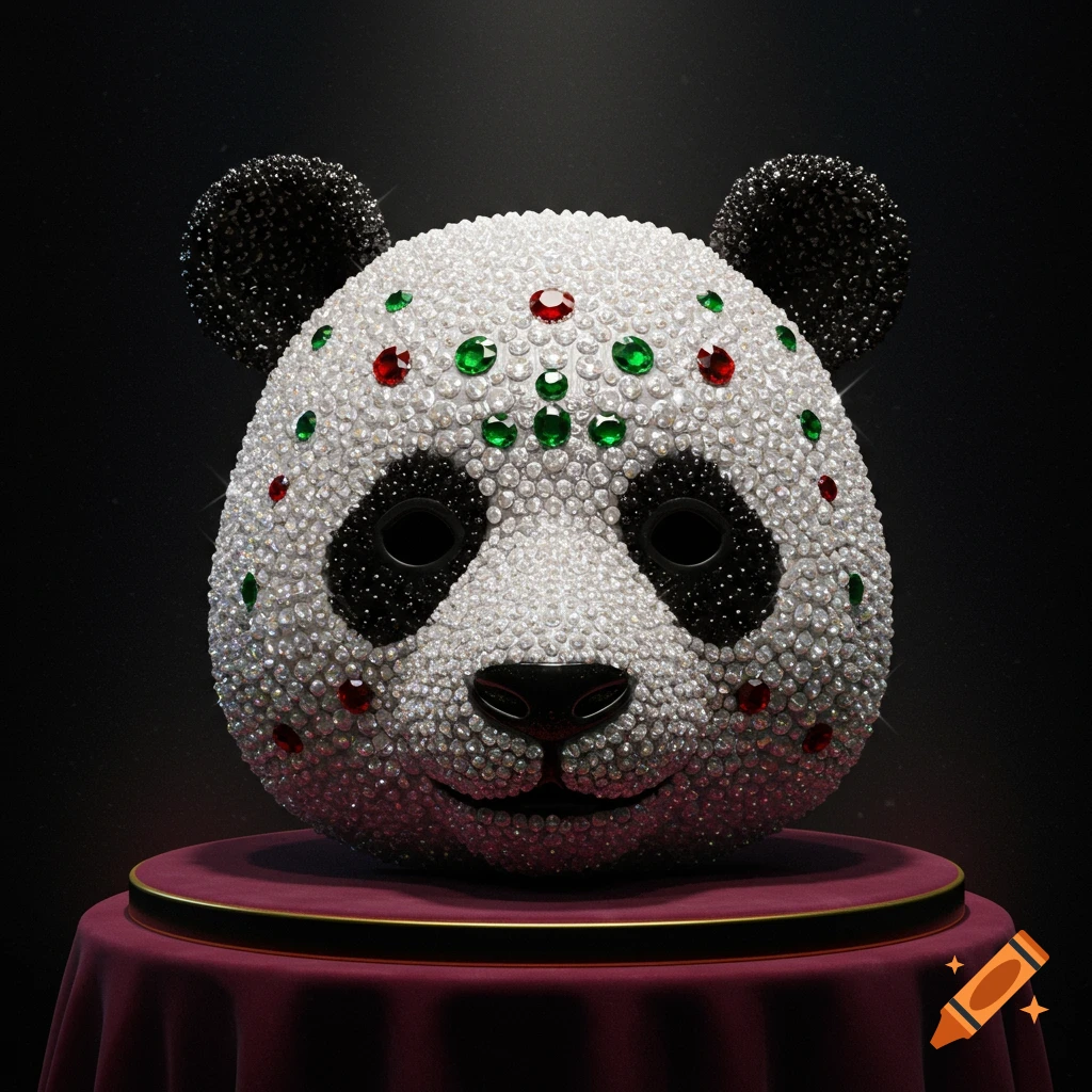 A photorealistic bedazzled panda mask made of white, black, red, and green jewels, resting on a purple velvet stand.