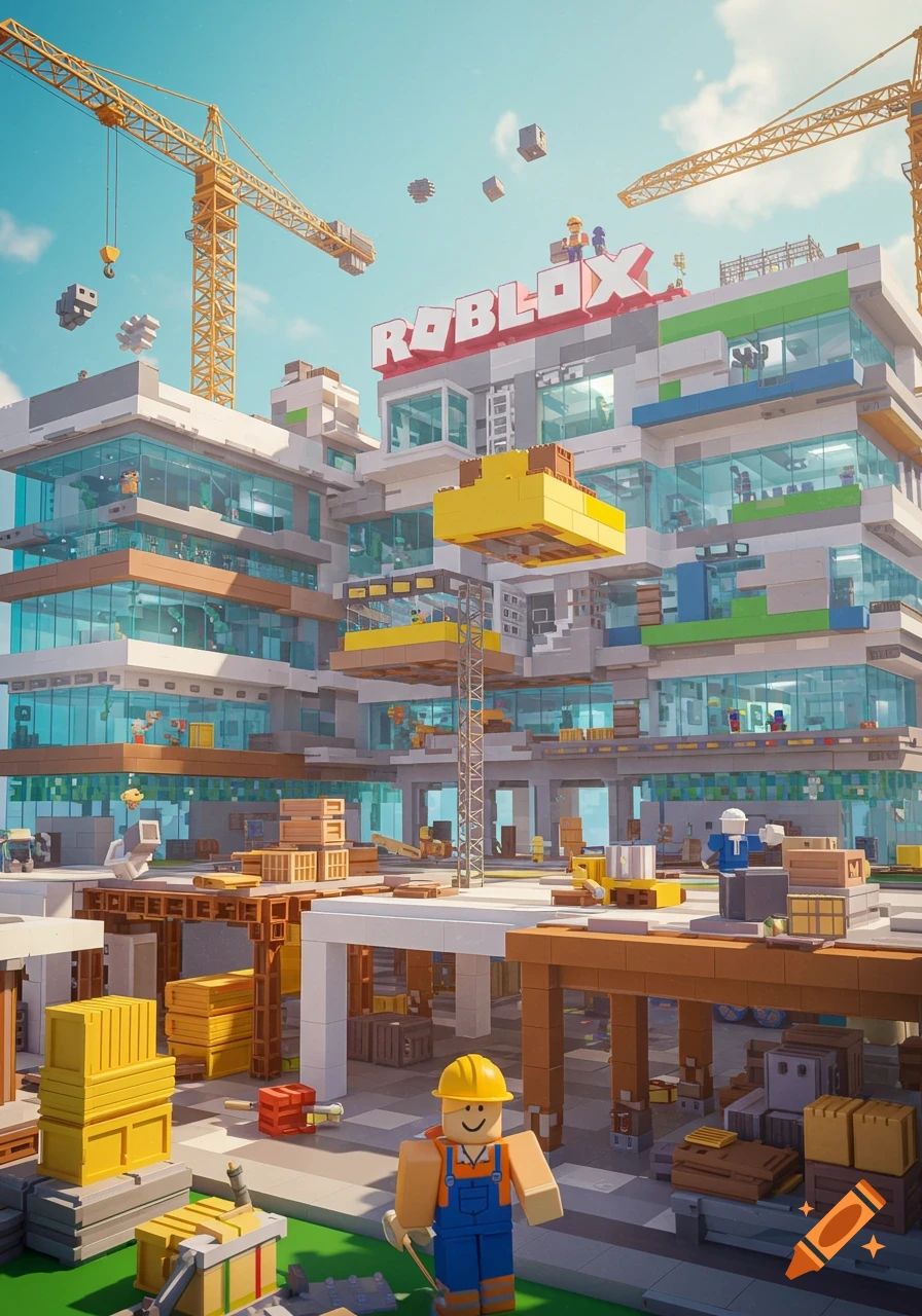 A vibrant, blocky Roblox-style construction site with cranes, workers, and a large building sign reading 'ROBLOX' under a bright sky.