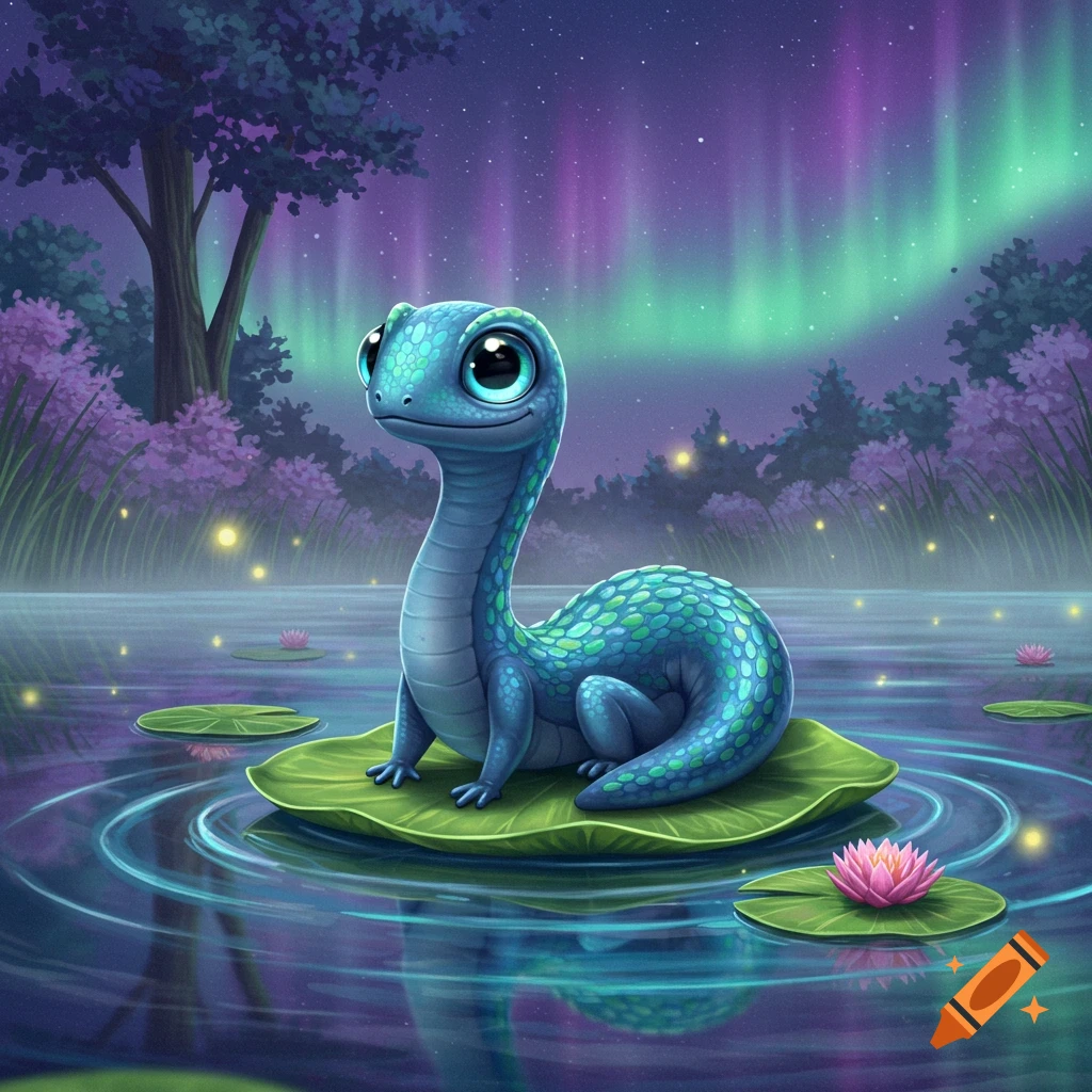 A cartoon blue baby dinosaur-like creature sits on a lily pad in a pond under a purple and green aurora borealis night sky.