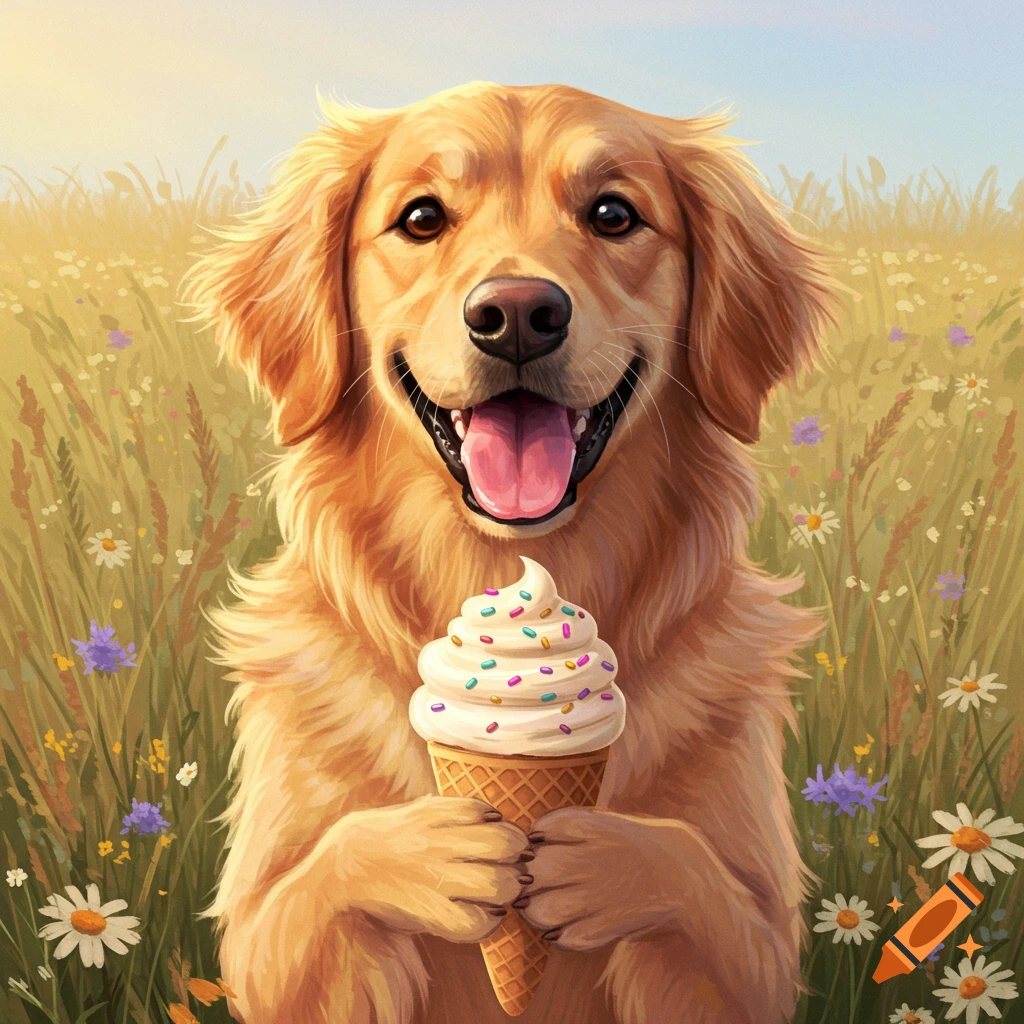 A happy golden retriever in a field of wildflowers holds an ice cream cone with colorful sprinkles in its paws. Illustrated style.
