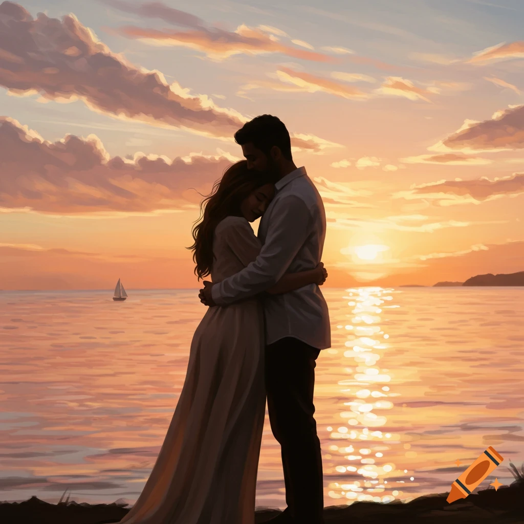 A couple embraces on a shore at sunset, with a sailboat in the ocean, in a digital painting style.