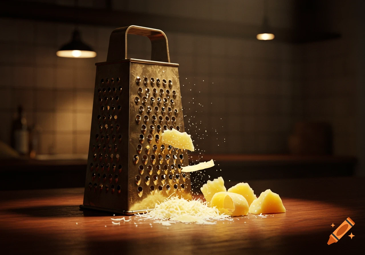 Photorealistic image of a metal cheese grater on a wooden surface, with grated cheese and cheese chunks.