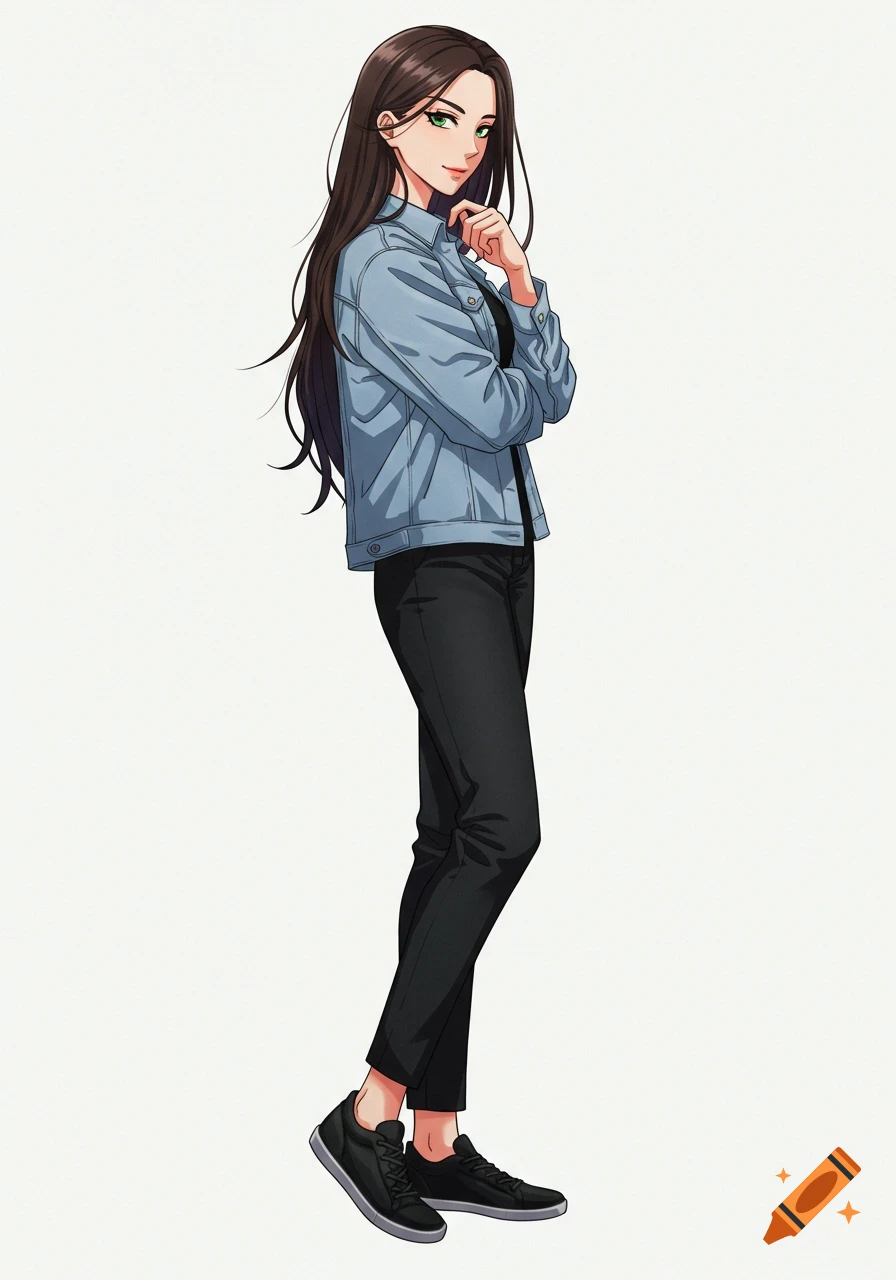 Full body anime woman with long dark brown hair and green eyes, wearing a light blue denim jacket and black pants, standing on a white background.