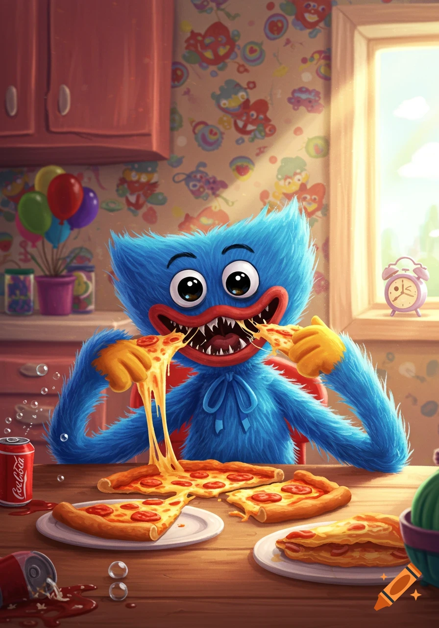 A blue, furry Huggy Wuggy monster happily eats a slice of pizza with stringy cheese at a colorful kitchen table, cartoon style.